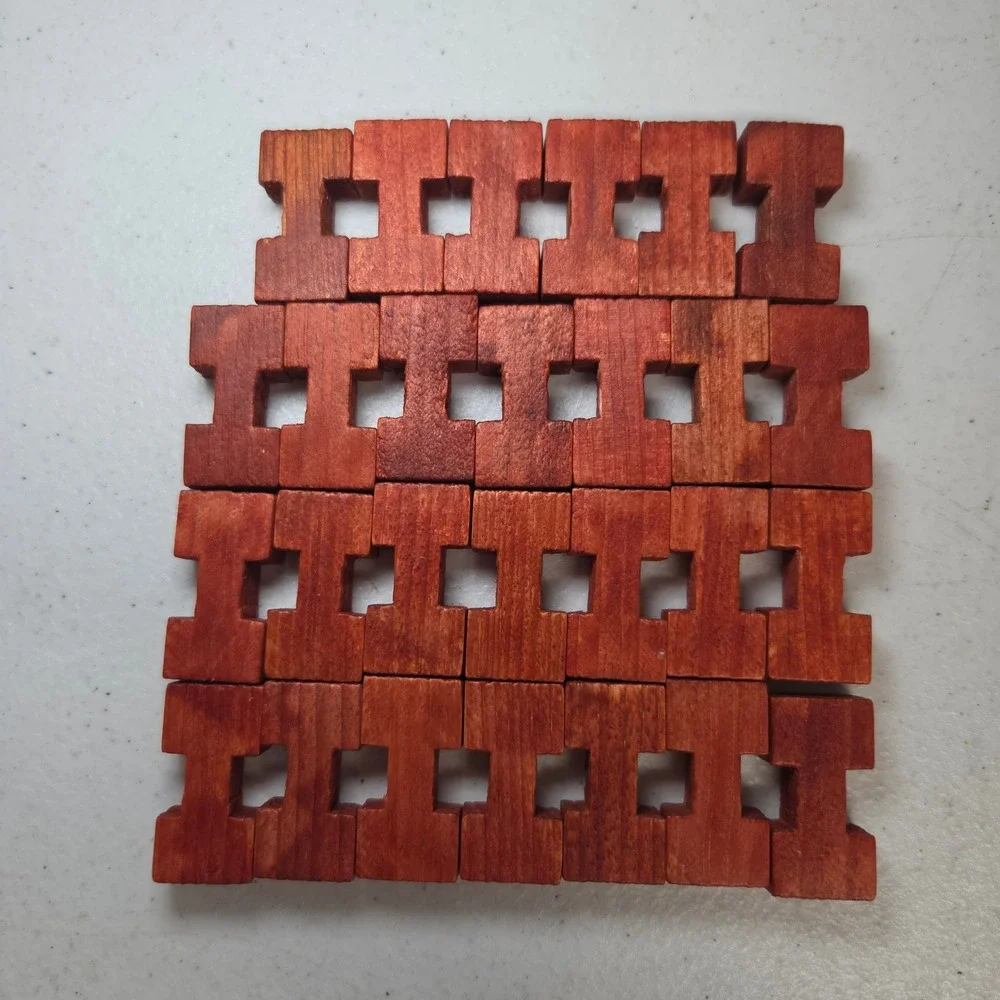 Vintage Red Stained Notched Wood Building Blocks Set Interlocking I-Shape